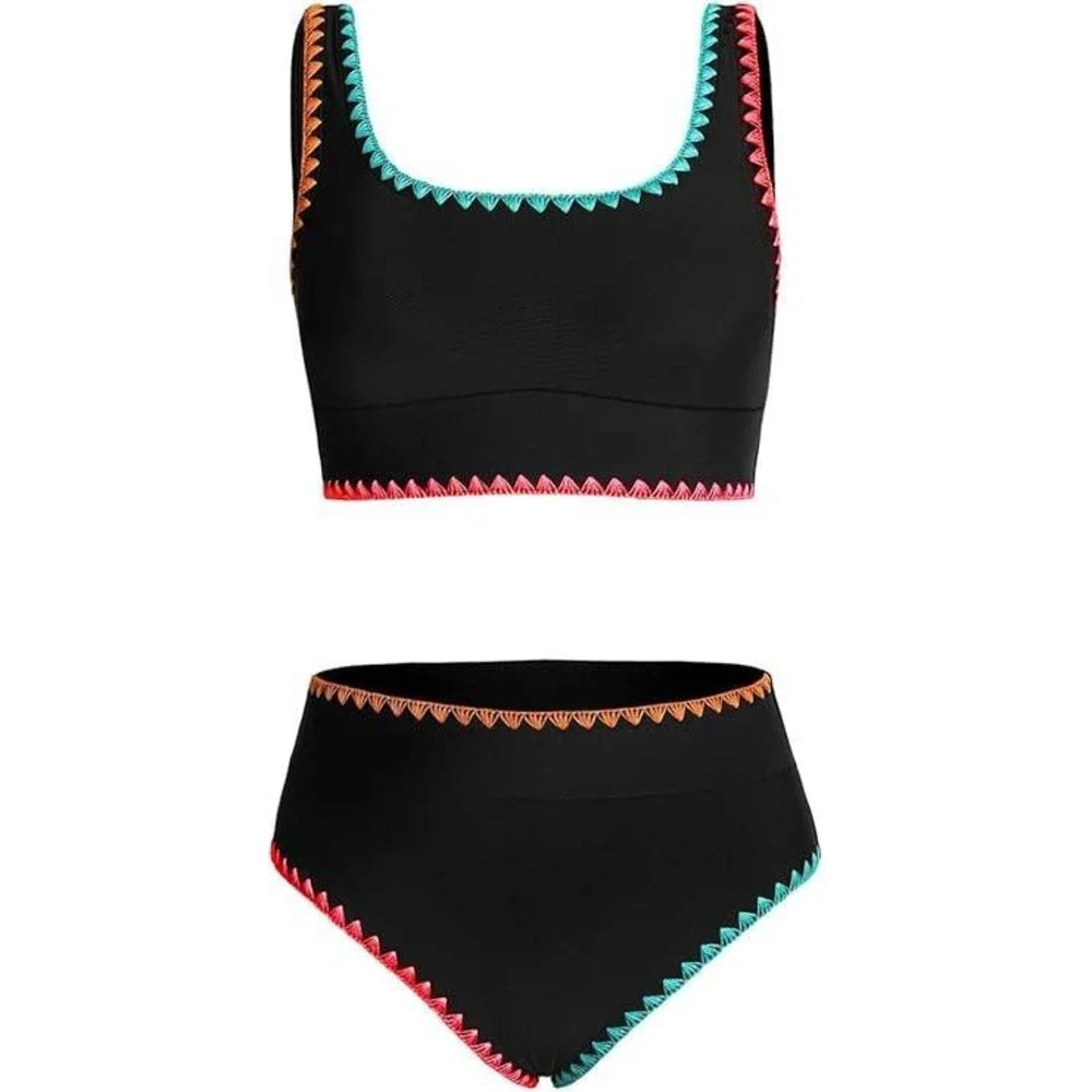 Girls Black High Waisted Bikini Set Neon Rickrack Trim Size 12Y-13Y 2XL